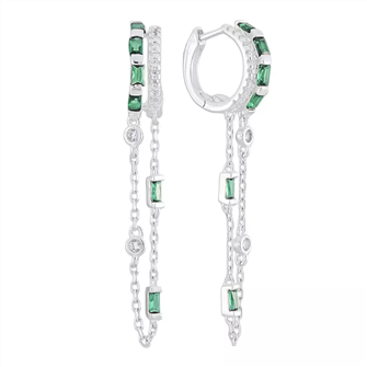 Brinco argola com zirconias brancas e verdes esmeralda.