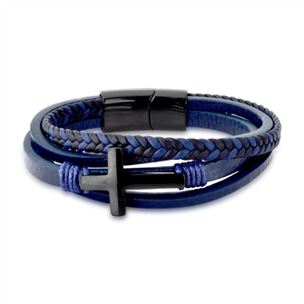 Pulseira com cruz em ao negro courino azul escuro
