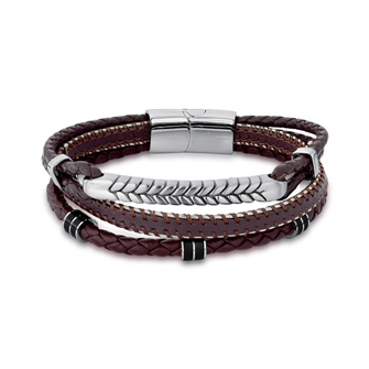 Pulseira com folha em ao e courino marrom