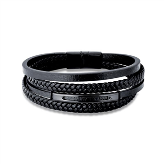 Pulseira masculina em placa ao negro e 4 voltas de couro liso e trabalhado.